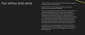 DadPad website screenshot showing the 'Our ethos and aims' section