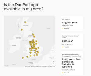 DadPad website screenshot showing DadPad app coverage map