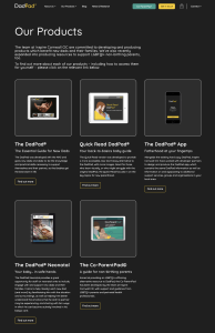DadPad website screenshot showing Our Products home page
