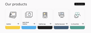 DadPad website screenshot showing icons and brand colours for individual products